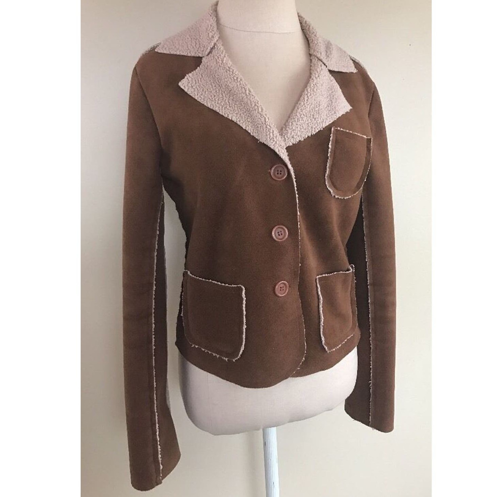 Velvet Faux Suede Sherpa Jacket Womens Medium Brown